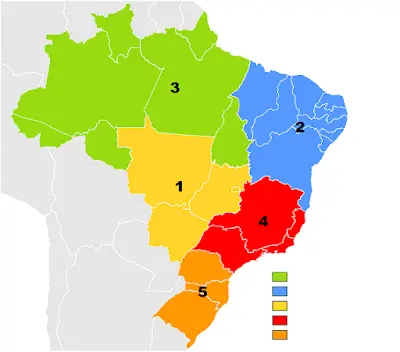 mapa de regiões do Brasil numeradas