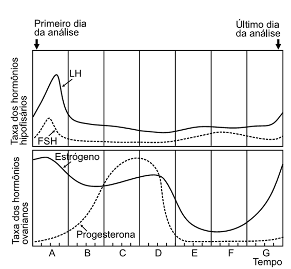 gráfico medidas diárias das taxas dos hormônios luteinizante (LH), folículo estimulante (FSH), estrógeno e progesterona
