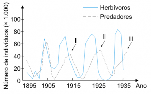 gráfico crescimento de uma população de herbívoros e da população de seus predadores