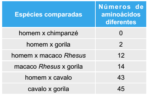 tabela comparação do número de aminoácidos diferentes