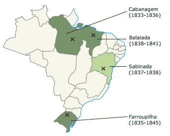 mapa da localização das revoluções regenciais brasileiras