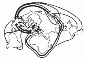 mapa Fluxos mundiais de produtos manufaturados