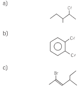 3-metil-2-cloropentano, o-diclorobenzeno, 2-bromo-4-metilhex-2-eno.