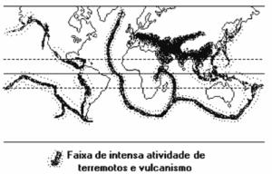 distribuição espacial dos vulcões ativos e dos terremotos do globo