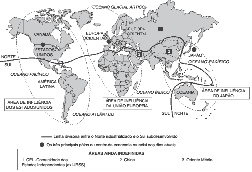 mapa representa a configuração do mundo após os anos de 1990