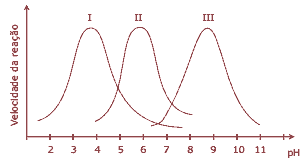 gráfico indica a velocidade das reações das enzimas I, II e III em função do pH