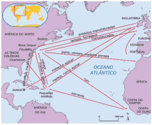 mapa intercâmbios comerciais das colônias inglesas da América do Norte
