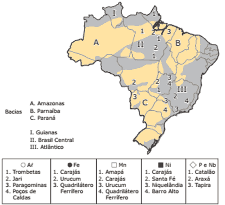 Localização de importantes depósitos minerais de alumínio, ferro, níquel, fosfato e nióbio no brasil