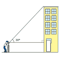 Um topógrafo medindo a altura de um edifício