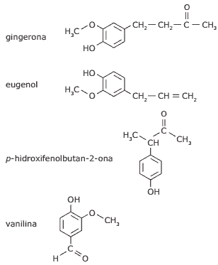 gingerona, eugenol, hidroxifenolbutan, vanilina