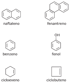 compostos naftaleno, fenantreno, benzeno, fenol, cicloexeno e ciclobuteno