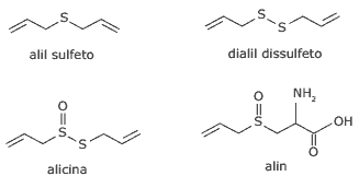 alil sulfeto, dialil dissulfeto, alicina e alin fórmulas estruturais