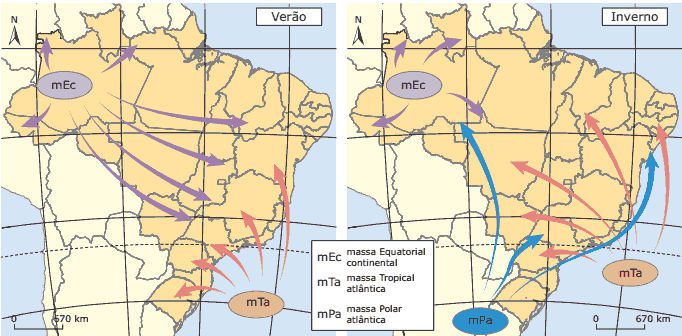 mapa das Principais massas de ar atuantes no Brasil