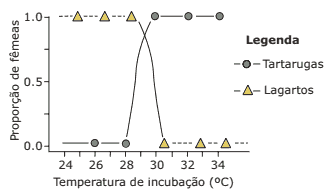gráfico da relação entre fêmeas e temperatura de incubação de tartarugas e lagartos