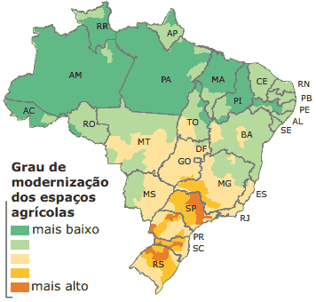 mapa do Brasil sobre a Modernização dos espaços Agrícola