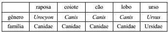 tabela gêneros e as famílias a que pertencem diferentes mamíferos da Ordem Carnivora