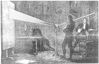 cientista inglês Isaac Newton fazendo uma experiência com a luz
