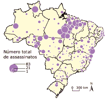 mapa do brasil com Vítimas fatais de conflitos ocorridos no campo 1985-1996