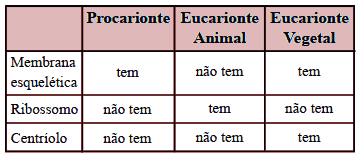 tabela célula Células Procariontes e Eucariontes animal e vegetal