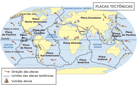 mapa placas tectônicas e mostra a distribuição de vulcões ativos na Terra