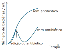 gráfico de crescimento de bactérias com e sem a presença de antibiotico