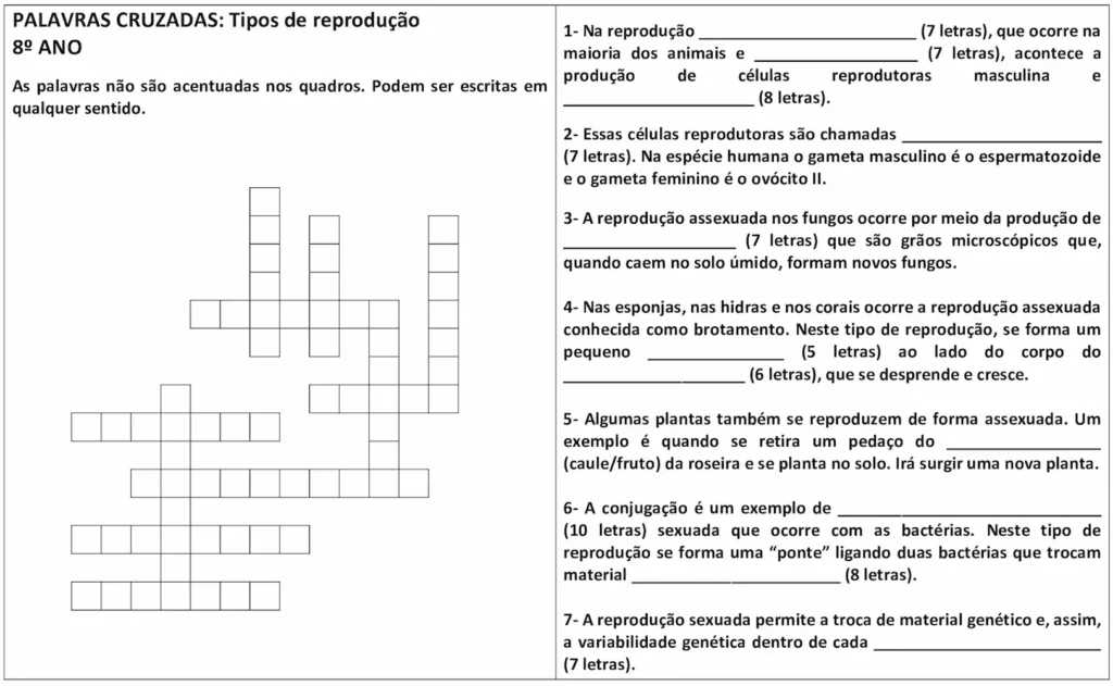 Palavras cruzadas sobre os tipos de Reprodução para o 7° e 8° ano com gabarito para o ensino fundamental