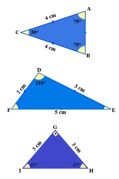 três triângulos azuis medidas e classificação
