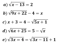 12 questões sobre  Equações Irracionais de Primeiro e Segundo Grau para o 9° Ano do ensino fundamental com gabarito