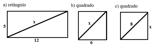 questões sobre Teorema de Pitágoras no Quadrado, Retângulo, Triângulo e Trapézio com respostas