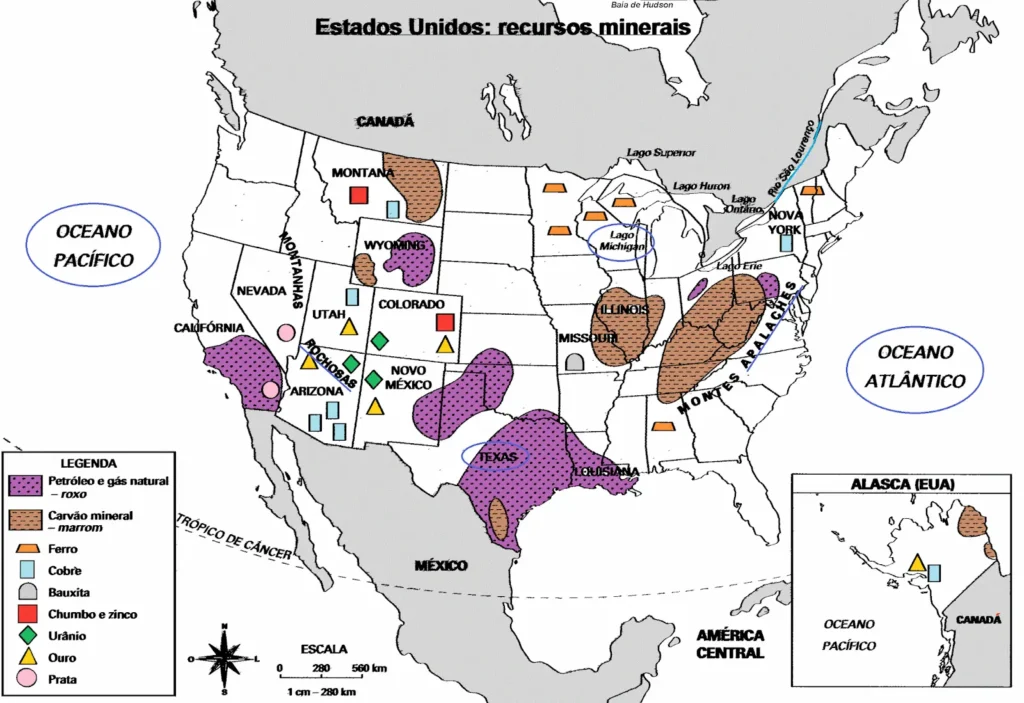 EUA recursos naturais e minerais mapa