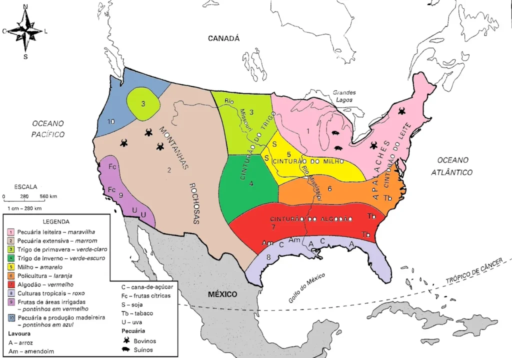 Mapa da agropecuária e agrícola dos Estados Unidos