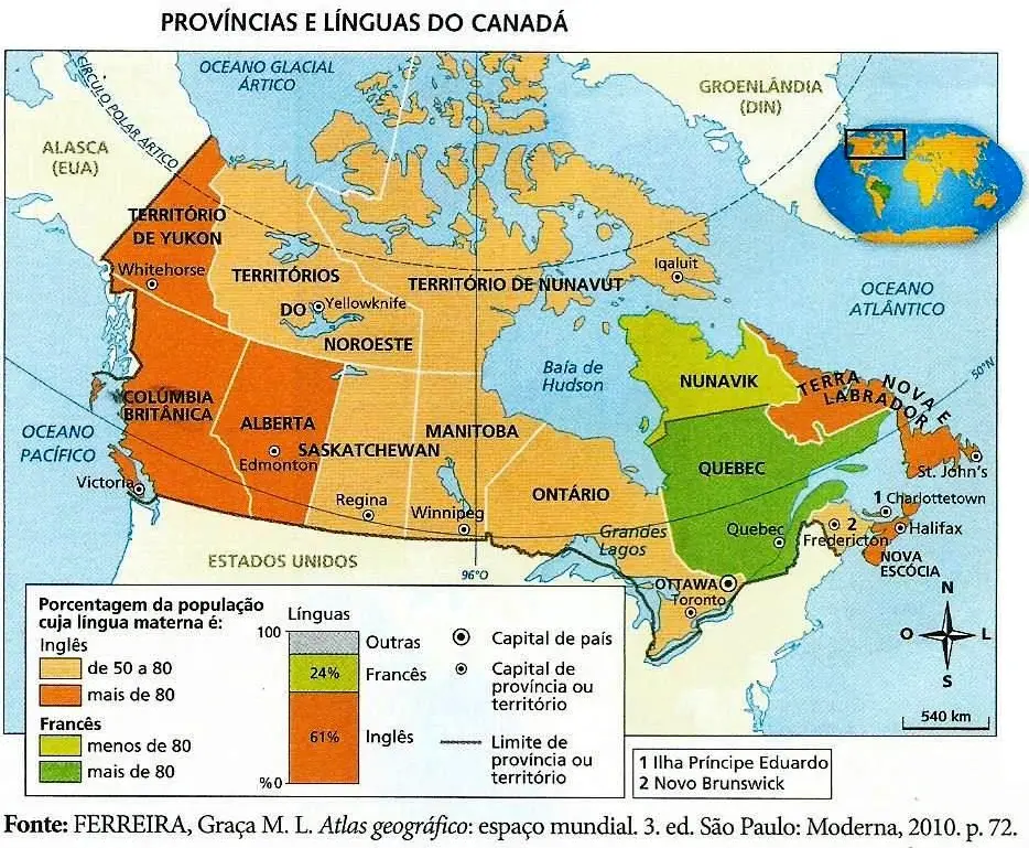mapa privíncias e línguas do canadá